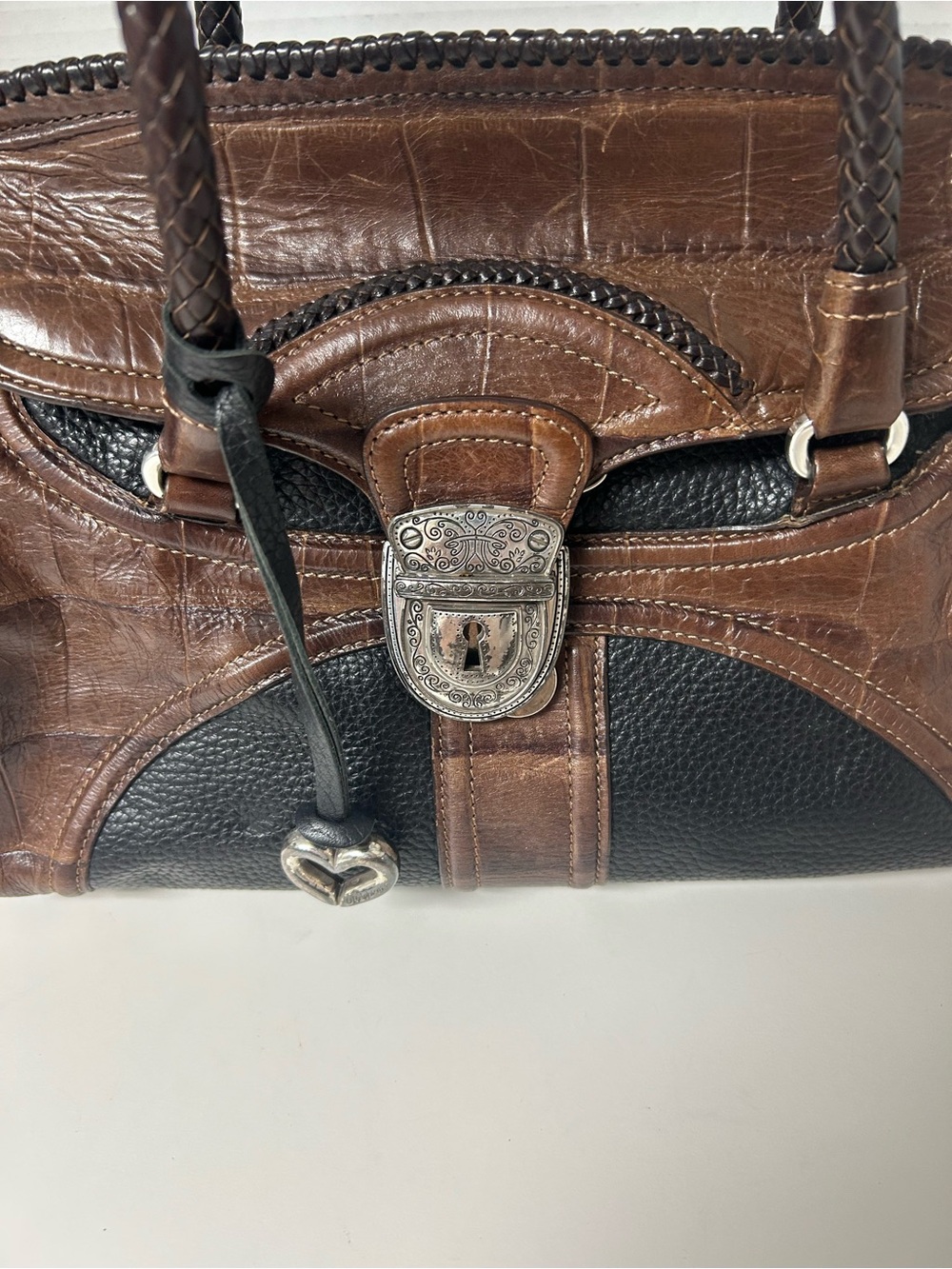 Vintage Brighton Brown & Black Croc-Embossed Leather Western Shoulder Bag - Picture 2 of 9